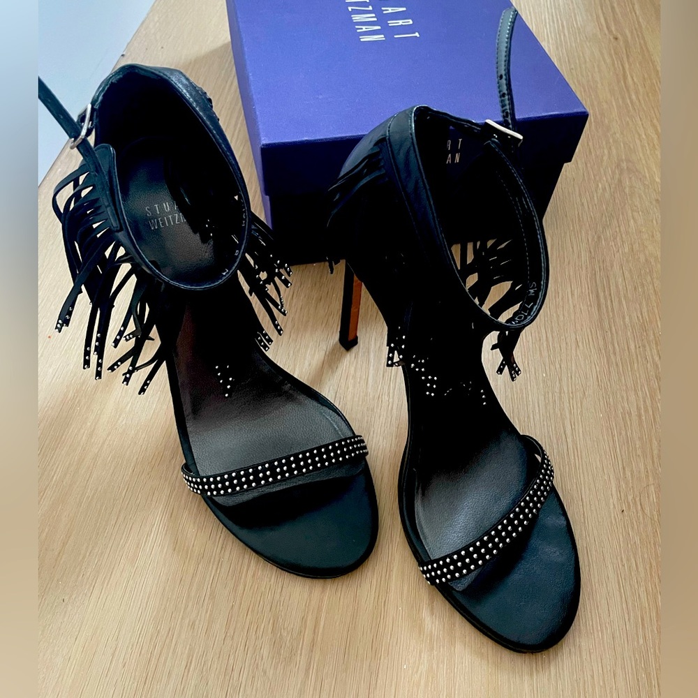 Stuart Witzman Black Fringe Stud Heels Size 8 US
